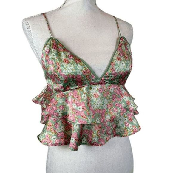 Dress Forum Star Floral Ruffle Crop Top Satin Tiered Babydoll Green Size Medium - Picture 1 of 8
